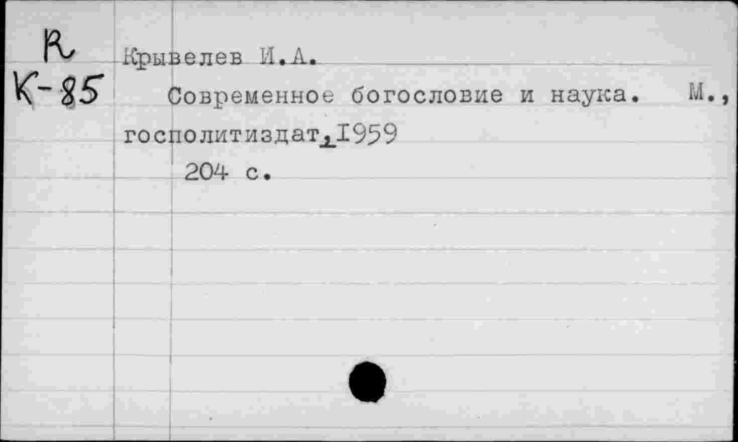 ﻿Крывелев И.А.
Современное богословие и наука. М. госполитиздатх1959 204 с.